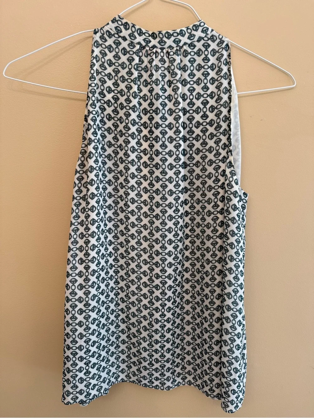 Tory Burch White and Navy Geometric Tie-Neck Sleeveless Top